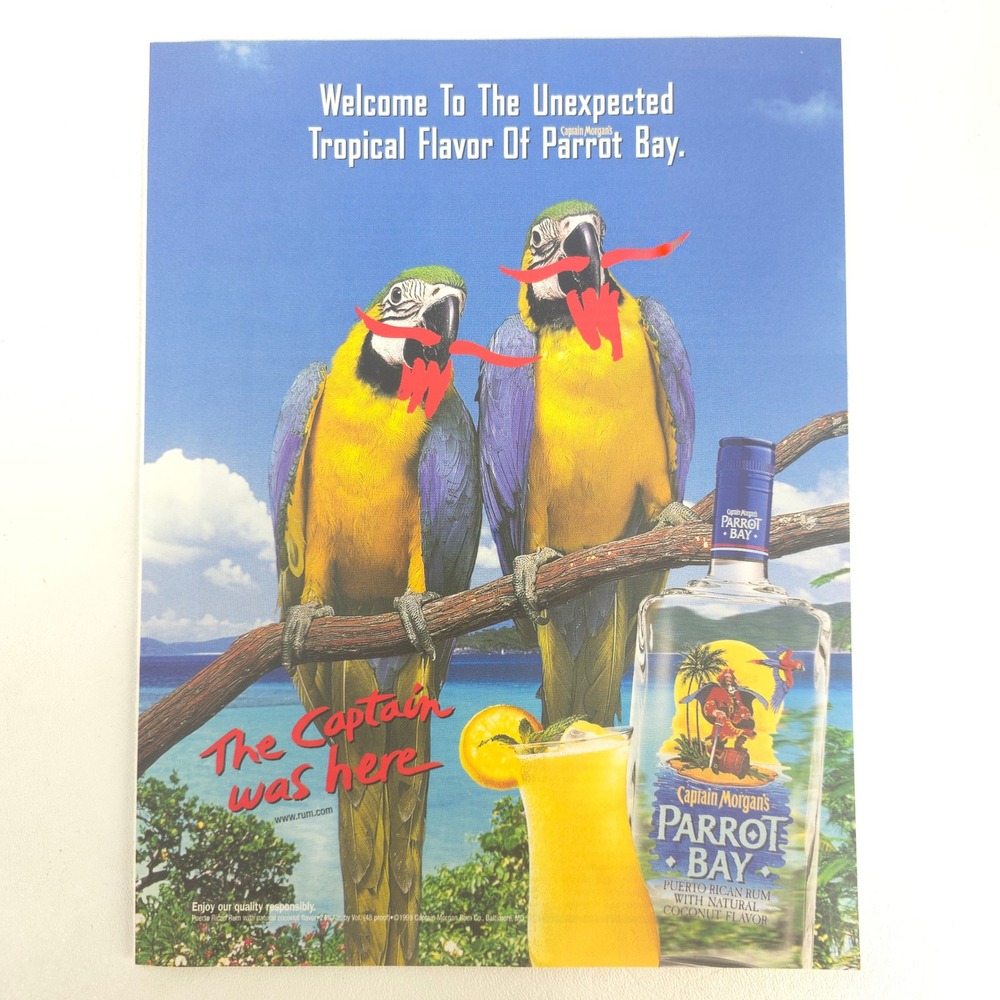 Captain Morgan Parrot Bay Print Ad Tropical Parrots Rum Home Bar Wall Decor Y2K
